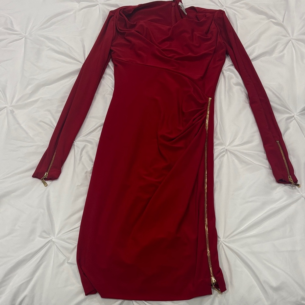 Cache Elegant Red Long Sleeve Dress with Gold Accents